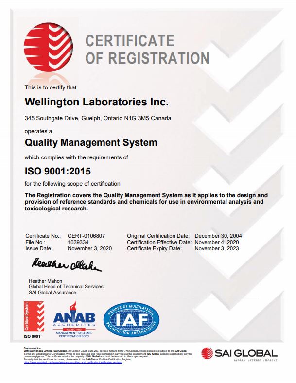 Wellington Laboratories ISO Certificate